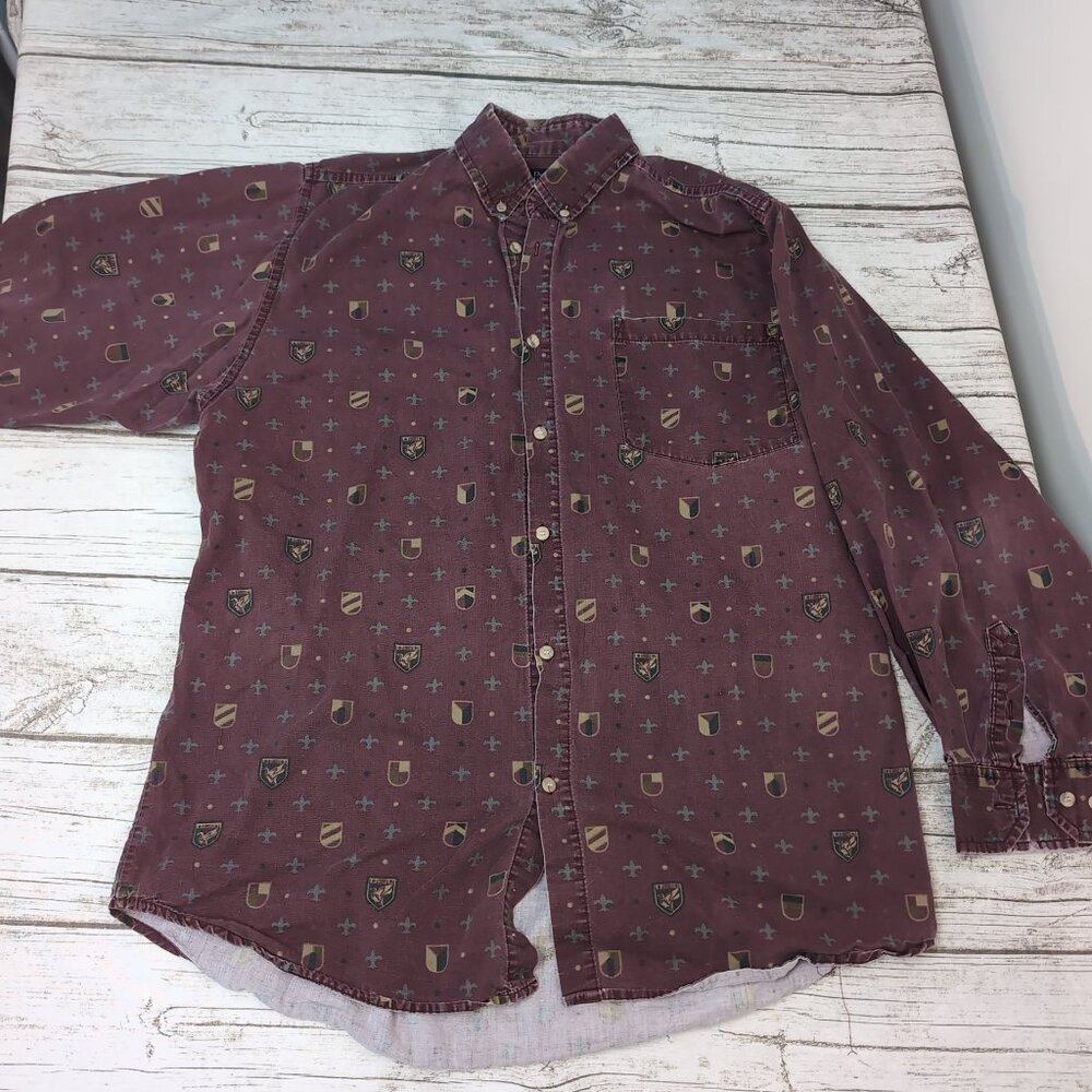 Ducks Unlimited Button-Down Shirt Burgundy Crest Pattern Cotton – Men’s M